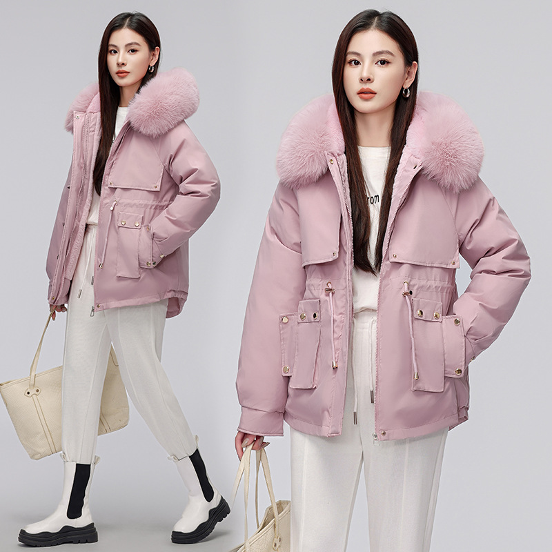 Comercio exterior corto para mujeres 2024 invierno nuevo estilo coreano plumón chaqueta de algodón gruesa y chaqueta caliente de lana grande