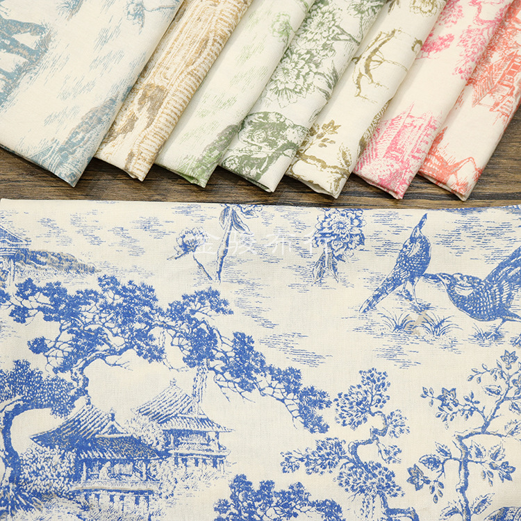 新中式国风马面裙棉麻山水风景画印花布料 古典气质女装汉服面料