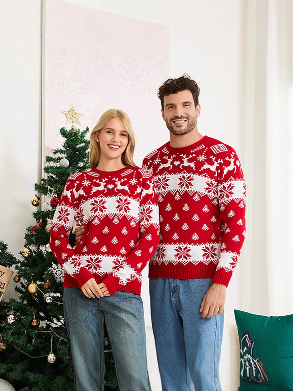 クロスボーダーヨーロッパとアメリカのカジュアルラウンドネックニットセータークリスマス親子ウェア秋と冬の長袖クリスマスヘラジカジャカードセーター|undefined