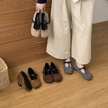 圆头玛丽珍鞋女鞋子2025年秋冬新款绒面丁字带复古配裙子平底单鞋