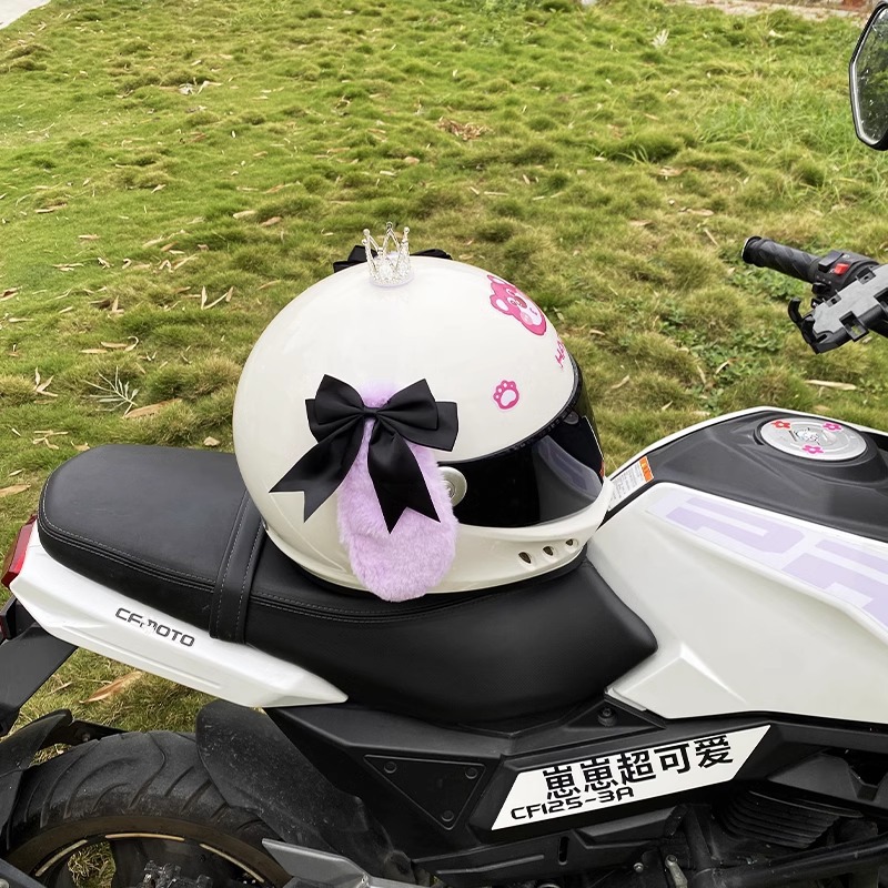 Plush Ear Black Bowknot Purple Dog Helmet Decoration Motorcycle Universal