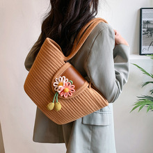 新款草编女包编织棉线女民族风包包托特包简约洋气手提包单肩斜跨