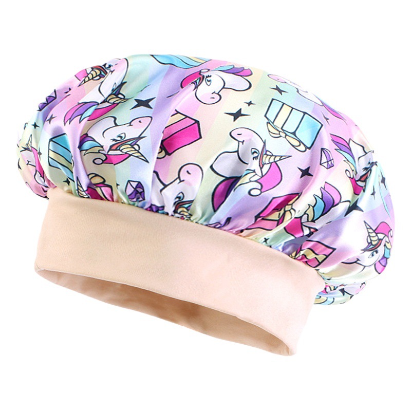 Cross-border wide-brimmed stretch unicorn cartoon print children's colored nightcap baby hair care hat