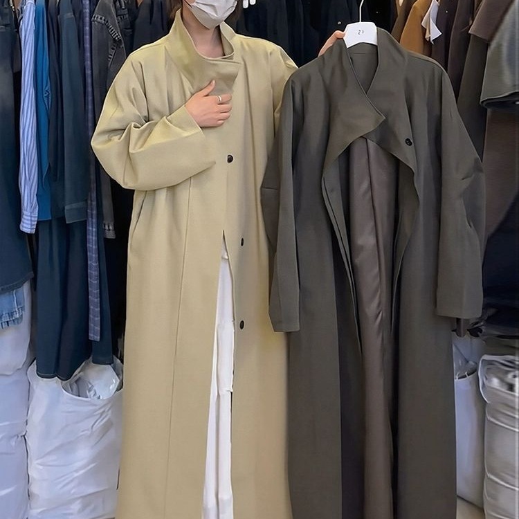 Ultra Mid-Length Stand-Up Collar Lapel Windbreaker Jacket for Women Spring and Autumn Korean Style Loose Lazy Style Belt Waist British Style