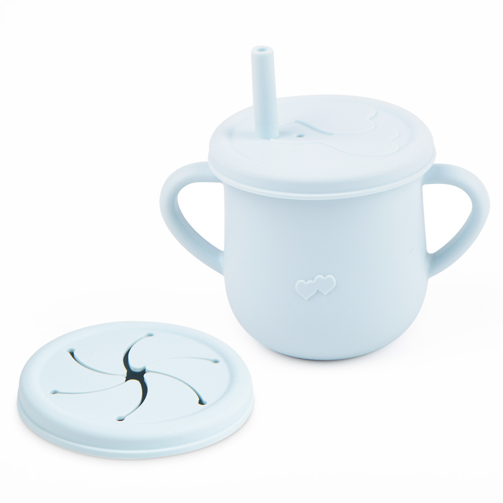 Silicona de grado alimenticio para niños snack Cup mango binaural portátil resistente a la caída con taza de paja de bebé taza de bebida de silicona