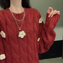 2020年冬季新款套头宽松慵懒风女式红色针织衫外穿毛衣厂家销售