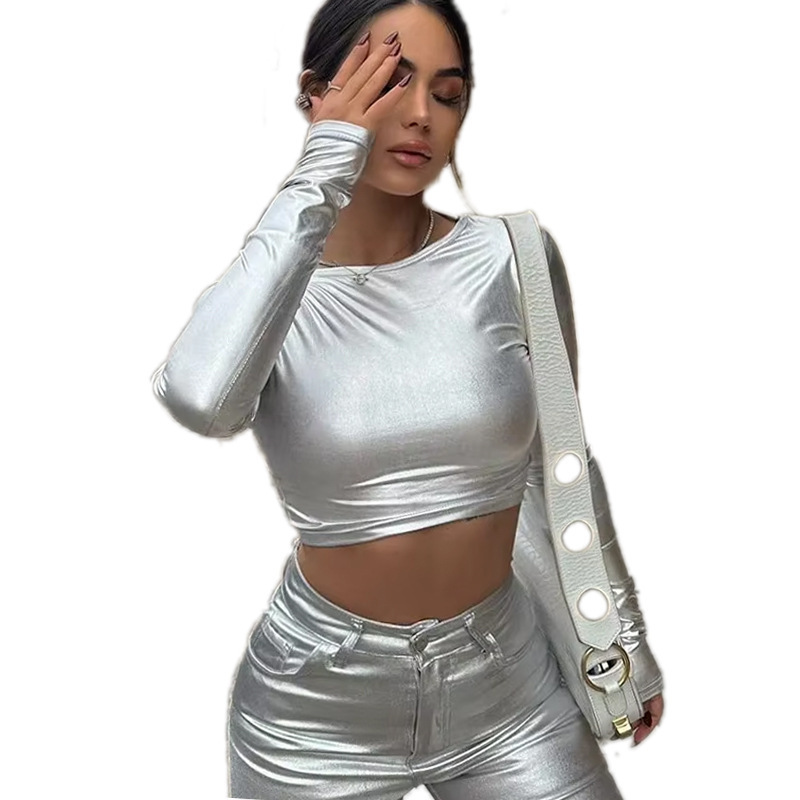 Cross-border European and American Spice Girls Solid Color T-shirt Club Bright Long Sleeve Party Sexy Tight Top Foreign Trade Supply Now H