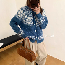羊毛混纺费尔岛提花软糯毛衣开衫女韩系复古宽松慵懒针织衫外套