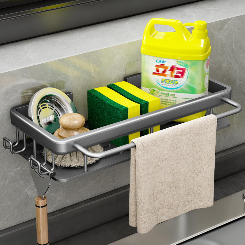 Sponge rack kitchen storage shelf pool drain hanging hook basket sink space aluminum rack rag seasoning rack