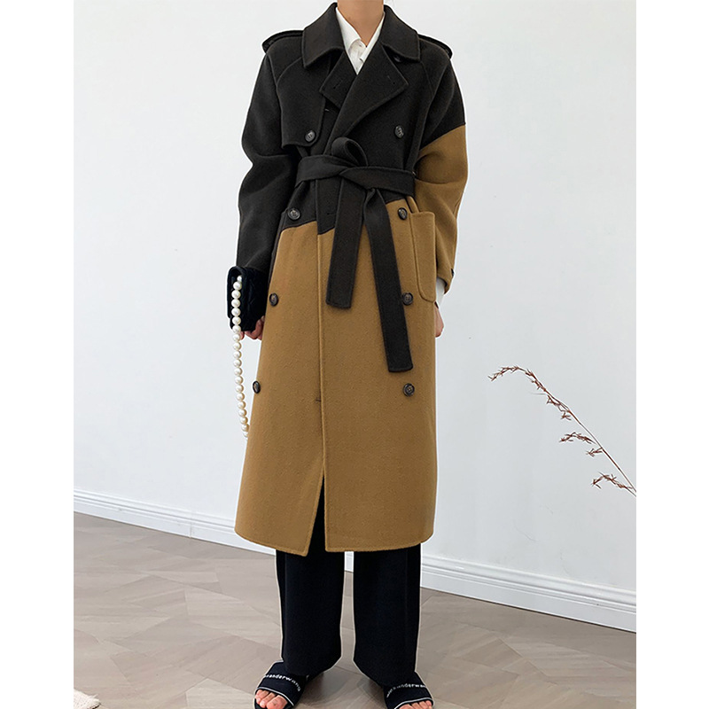 Women's Contrast Stitching Mid-length Woolen Coat Jacket Image 4
