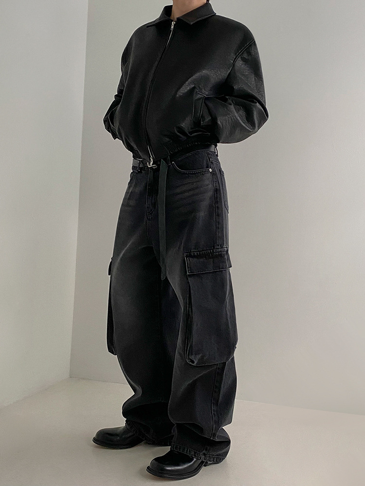 MYQ美ラードのレトロな短い革の服の男性の春のゆるい襟のコートの韓国版の潮流は古い革のジャケットをします。