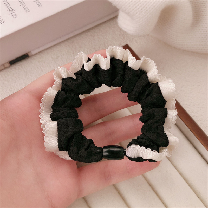 フレンチレトロな黒と白の水玉模様のビーズヘアゴム、新しいスタイル、高級気質のヘッドバンド、高弾性ゴムバンド|undefined