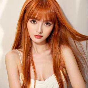 Factory in stock Japanese and Korean women's group orange long straight hair wig women's air neat bangs long hair simulation head cover wholesale