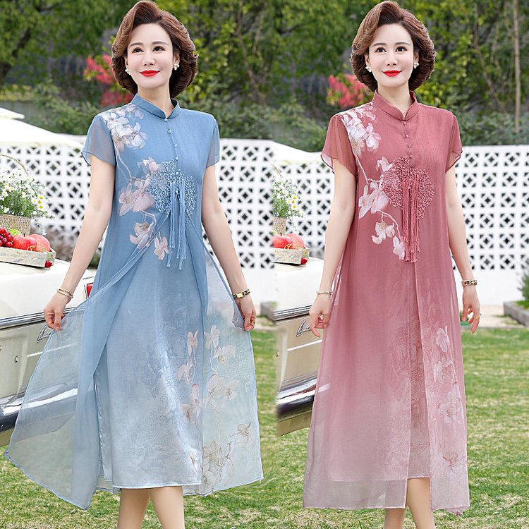 Mom's Summer Short-Sleeved Dress, Middle-Aged and Elderly Women's New Chinese Style Retro Cheongsam Dress, Large Size Over-The-Knee Skirt
