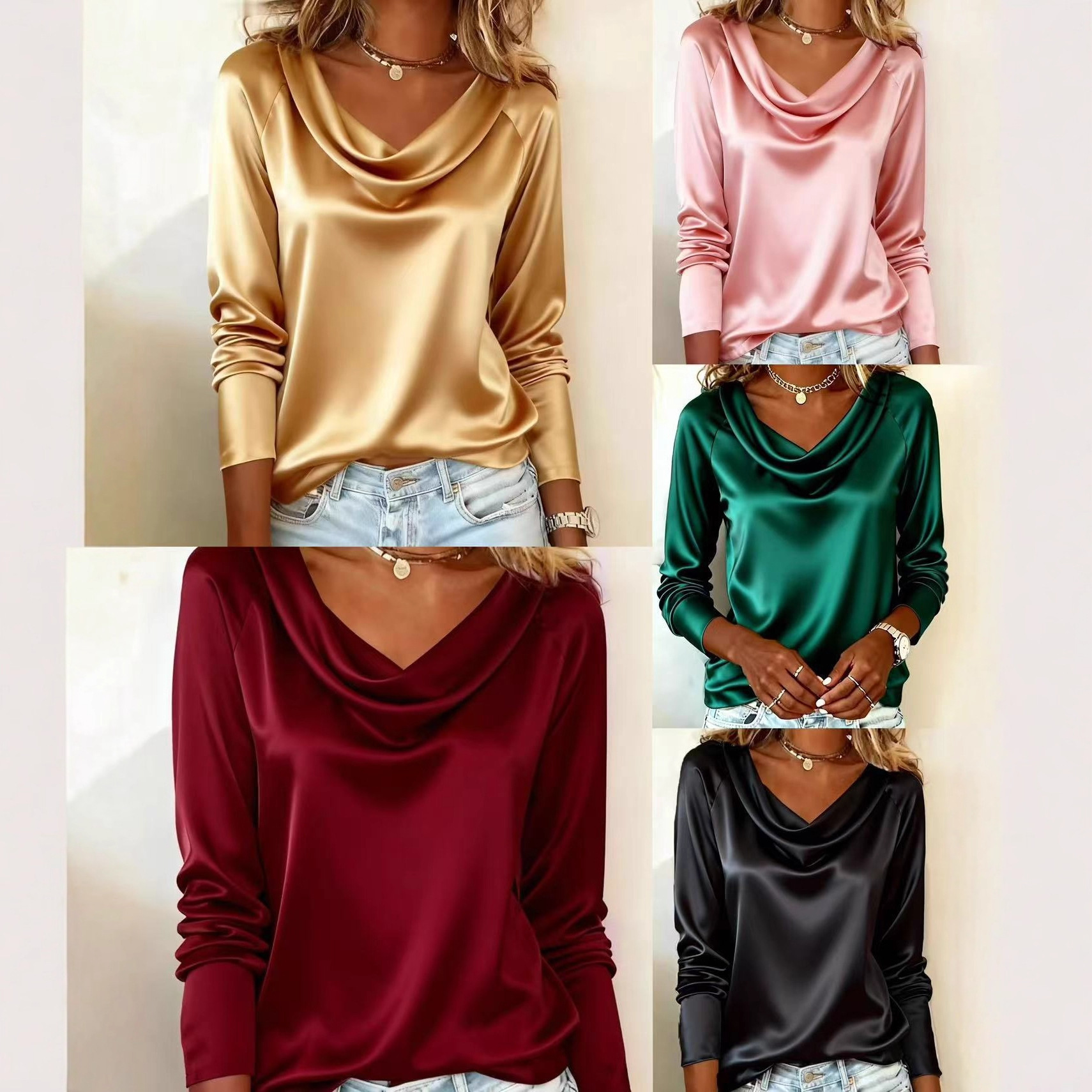 Women's Draped Neck Blouse - Oversized Long Sleeve Shirt For Work & Casual (S-XXL, 5 Colors)_voghion.com