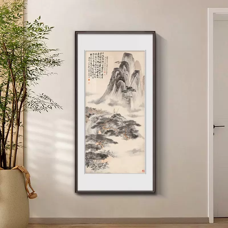 张大千招财山水画玄关装饰画国画走廊过道尽头墙面高档竖版新中式