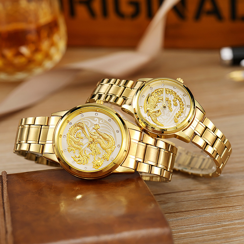 Orologio in oro in rilievo Di Si da uomo, impermeabile, non meccanico, maschio, fenice, coppia di buon auspicio, faccia di drago, alla moda_voghion.com