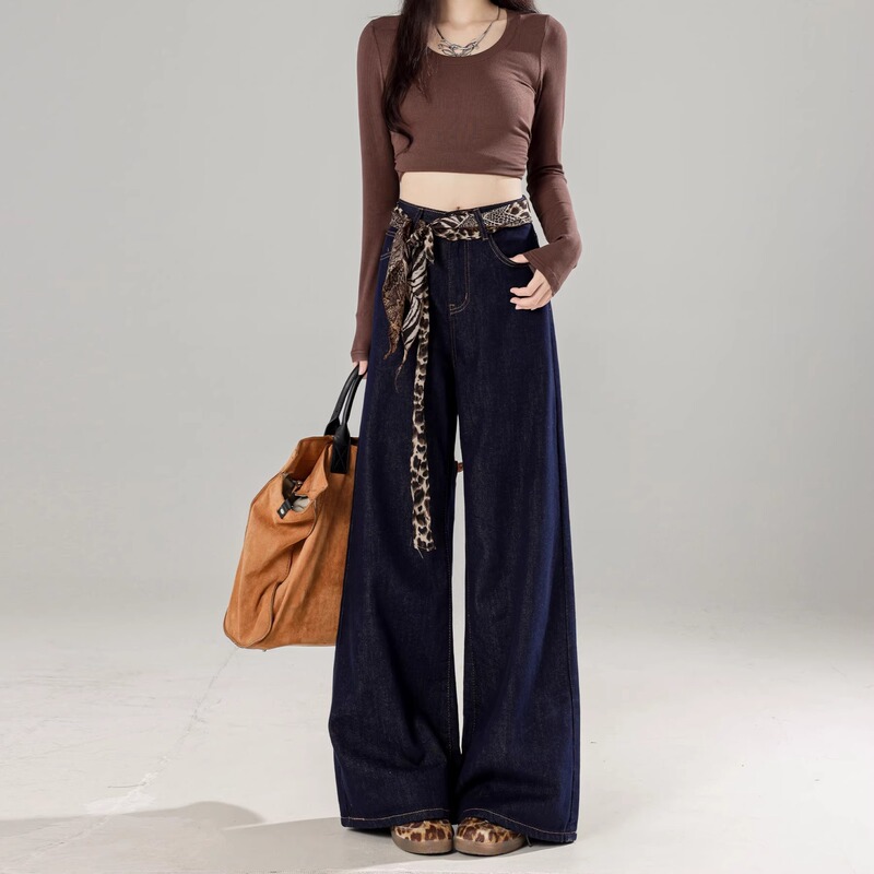 Denim Dark Blue Wide-Leg Jeans for Women 2026 New Spring and Autumn Straight Loose High-Waisted Drapey Pants Wholesale