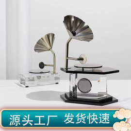 简约现代水晶复古留声机样板房售楼处软装客厅桌面装饰品金属摆件