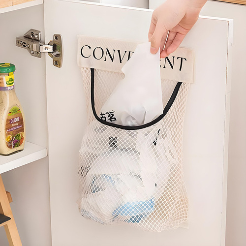 Mesh storage bag for kitchen wall-mounted trash bag, large opening junk hanger, large capacity storage bag