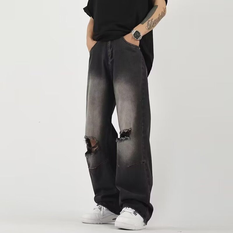 Men's American Style Retro Yellow Mud Dyed Ripped Jeans Summer Thin Men's Washed Straight-tube Wide-leg Pants