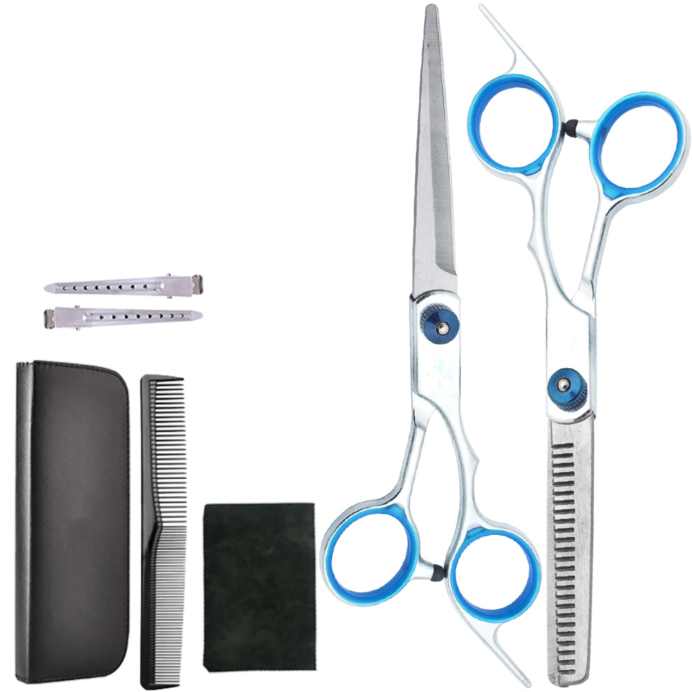 Un conjunto completo de tijeras de corte de pelo al por mayor, tijeras de dientes delgadas profesionales, tijeras planas de reparación de cabello, tijeras para el hogar, fabricantes de herramientas de tijeras para el cabello