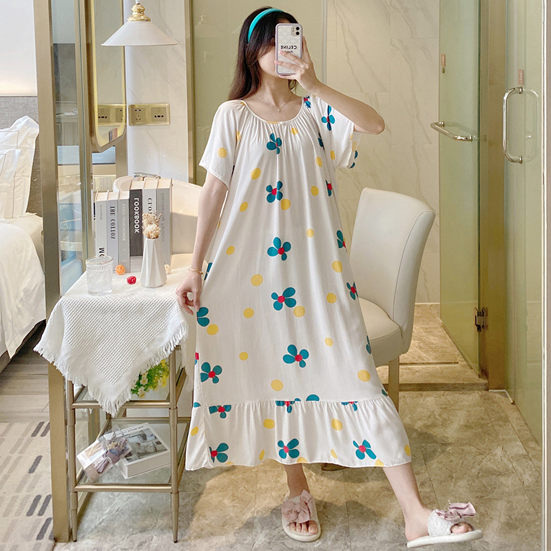 New Spring and Summer Women's Nightdress Full Cotton Cotton Silk Short Sleeve Fat Sister Skirt Generous Round Neck Flower Sexy Long Dress