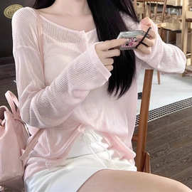 设计感后背镂空系带粉色T恤长袖防晒罩衫女夏季小众显瘦薄款上衣