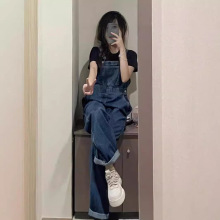 2025春秋季牛仔背带裤女秋新款设计感小众韩版宽松直筒阔腿连体裤