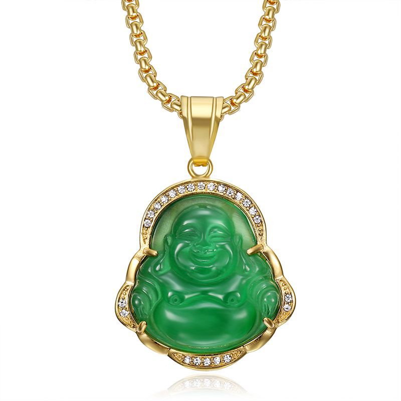 Stainless Steel Material Ethnic Style Buddha Stainless Steel Inlay Rhinestones Cat's Eye Stone Unisex Pendant Necklace Men Pendant Necklaces
