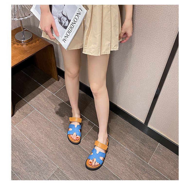 Dép sandal nữ quai ngang xỏ ngón đế dày, khóa dán tiện lợi, đi ngoài mùa hè — Màu trắng, Màu đen, Xanh denim phối nâu, Xanh mực ghép Hồng chi tiết 32