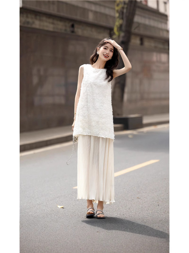 Đầm suông midi nữ kiểu Hàn Quốc tay ngắn xếp ly thẳng — hồng
