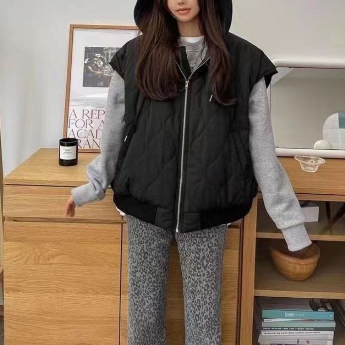 Japanese and Korean handsome street loose hooded two-piece top 2024 winter cotton vest clip casual jacket for women_voghion.com