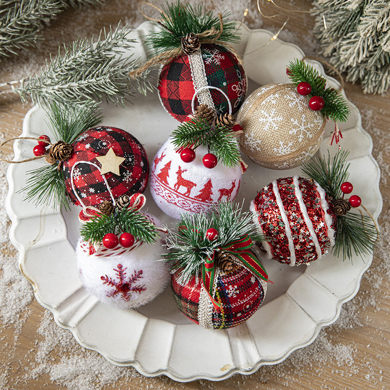 Transfronteriza nueva BOLA DE Navidad a cuadros bolsa de lino bola de espuma 3 paquete decoraciones para árboles de Navidad aguja de pino colgante de cono de pino