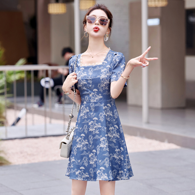 新中式复古时尚连衣裙女2024年新款夏季韩版收腰印花A字裙 N8885