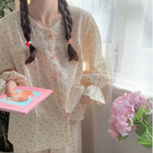 韩国chic女士秋季新款长袖睡衣格子碎花蕾丝花边套装家居服带发圈