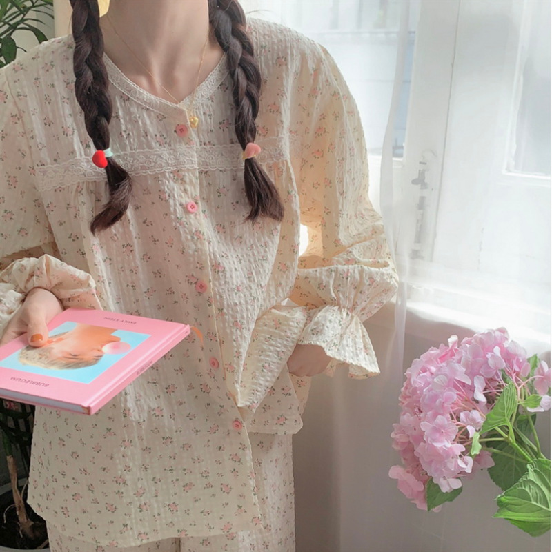 韩国chic女士秋季新款长袖睡衣格子碎花蕾丝花边套装家居服带发圈