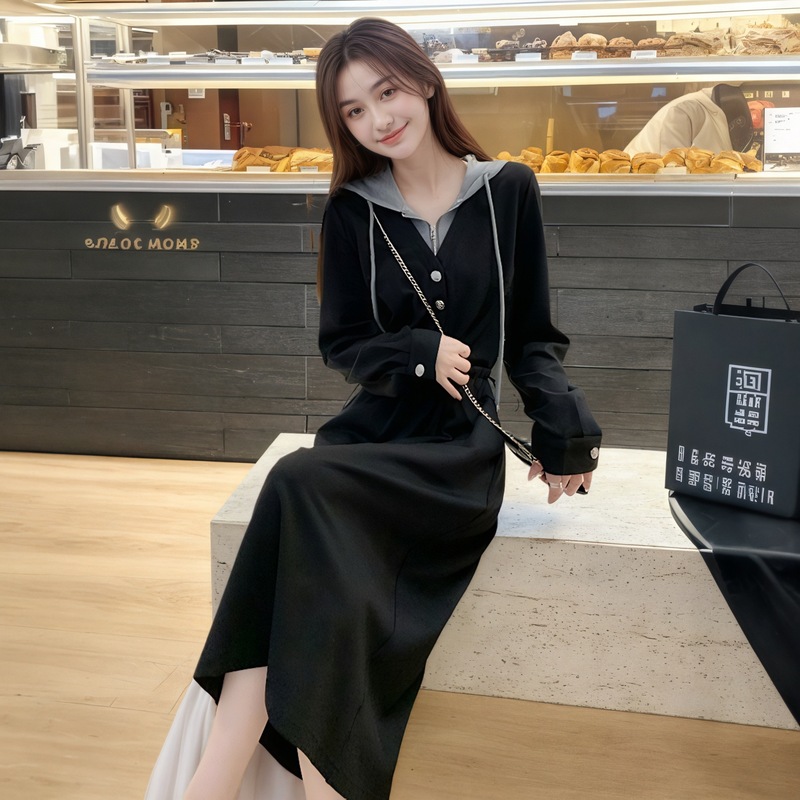2025秋冬季新款女士休闲显瘦假两件连帽卫衣裙时尚气质收腰连衣裙|undefined