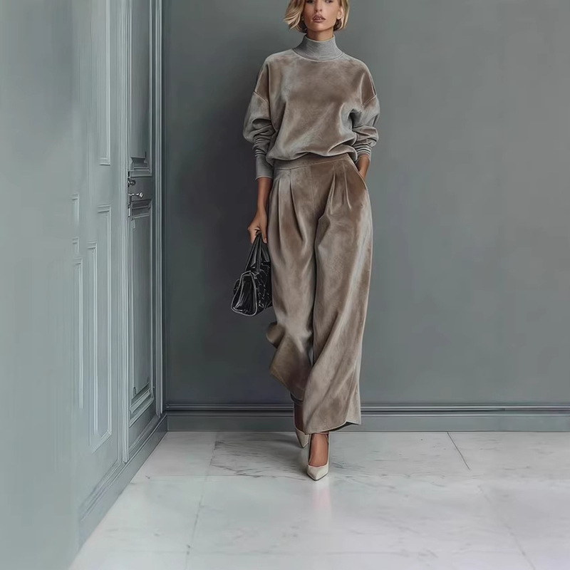 European and American Export Women's Clothing 2025 Autumn and Winter Fashion Casual Two-Piece Suit Velvet Long-Sleeve Solid Color High-Neck Wide-Leg Pants