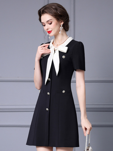 Neckline bow tie high waisted short sleeved A-line skirt