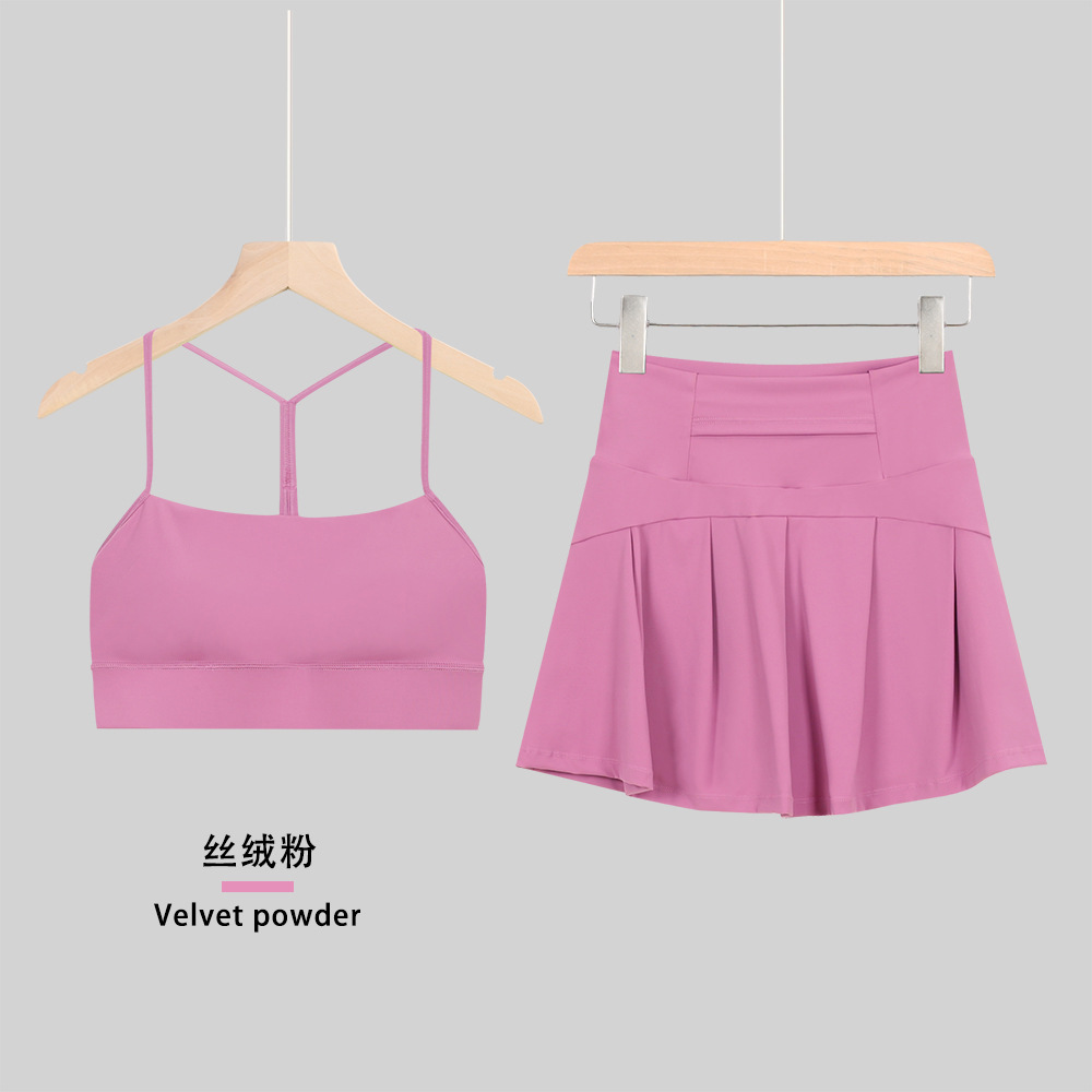짧은 치마 Y 자형 브라 세트 벨벳 핑크