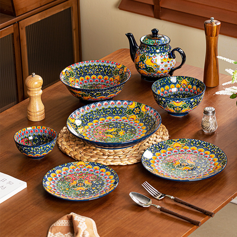 Cross-Border Bohemian Foreign Trade Rice Bowl Retro Household Large Plate Ethnic Style Water Kettle Salad Bowl Tableware Set