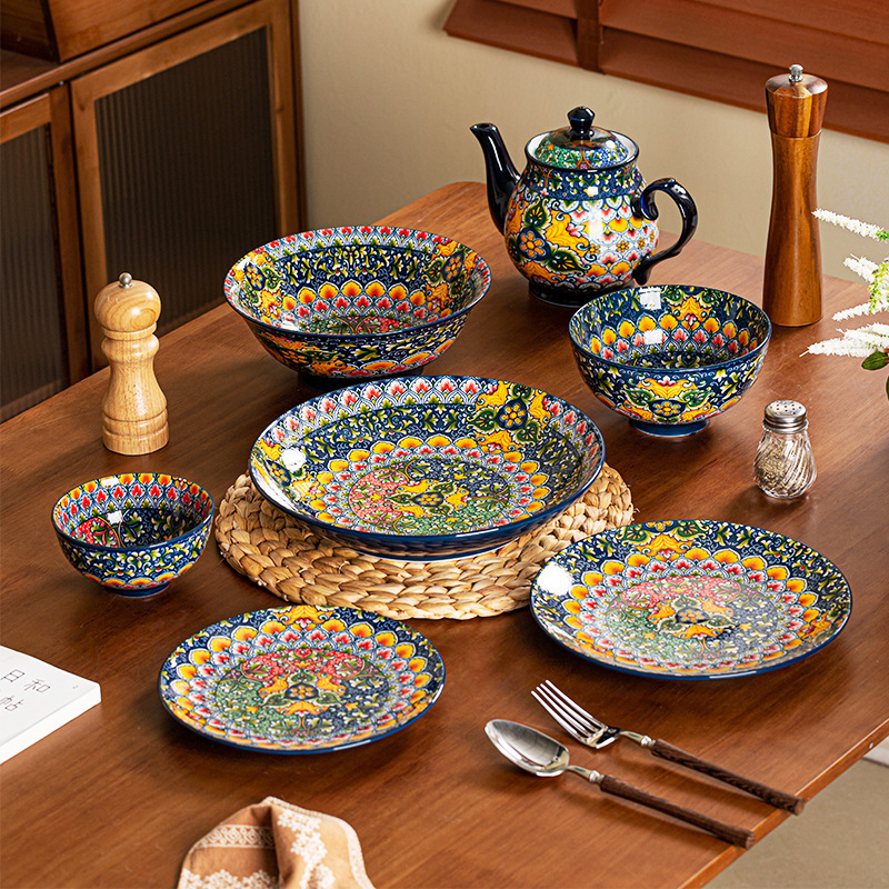 Cross-Border Bohemian Foreign Trade Rice Bowl Retro Household Large Plate Ethnic Style Water Kettle Salad Bowl Tableware Set