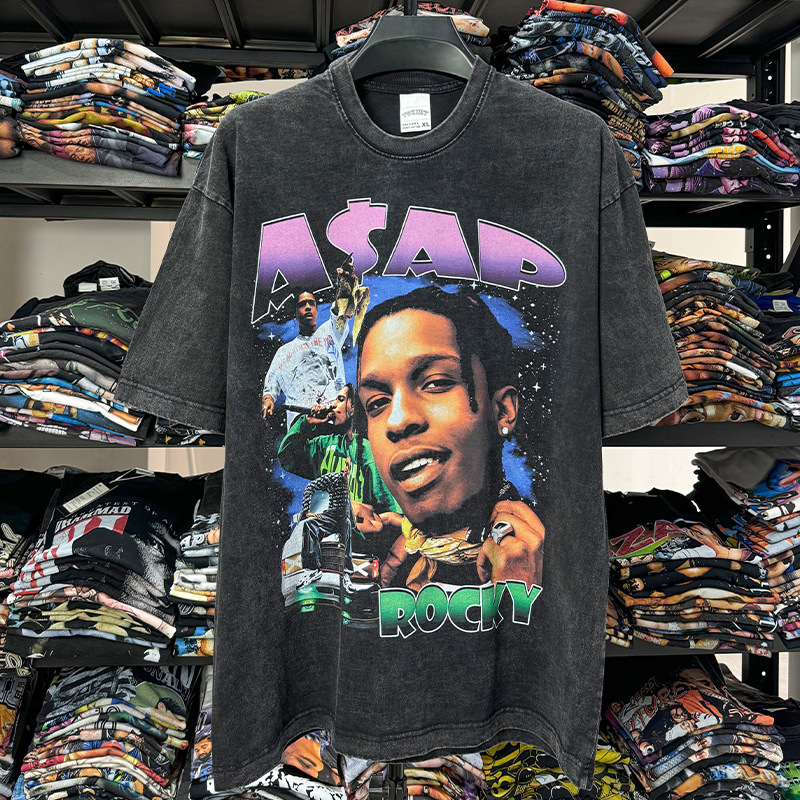 Cross-border American retro hip-hop ASAP printed short-sleeved T-shirt Vintage wash loose heavy round neck small neckline