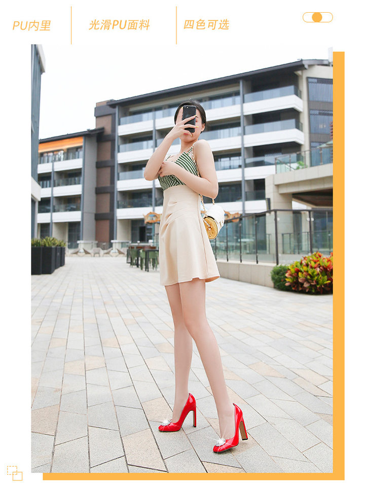 Giày cao gót nữ mũi vuông cỡ lớn, miệng nông gắn khóa pha lê, giày lễ phục cô dâu — Màu mơ, Màu trắng, Màu đen, Màu đỏ chi tiết 2