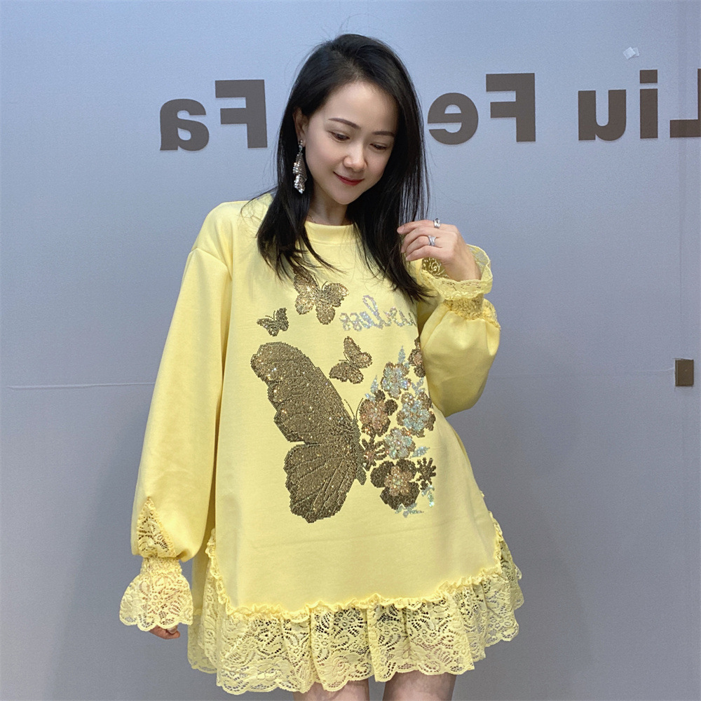 Algodón espacial de mujeres transfronterizas suelta gran camiseta de mangas largas de encaje de primavera y otoño de taladro caliente de cuello redondo camiseta