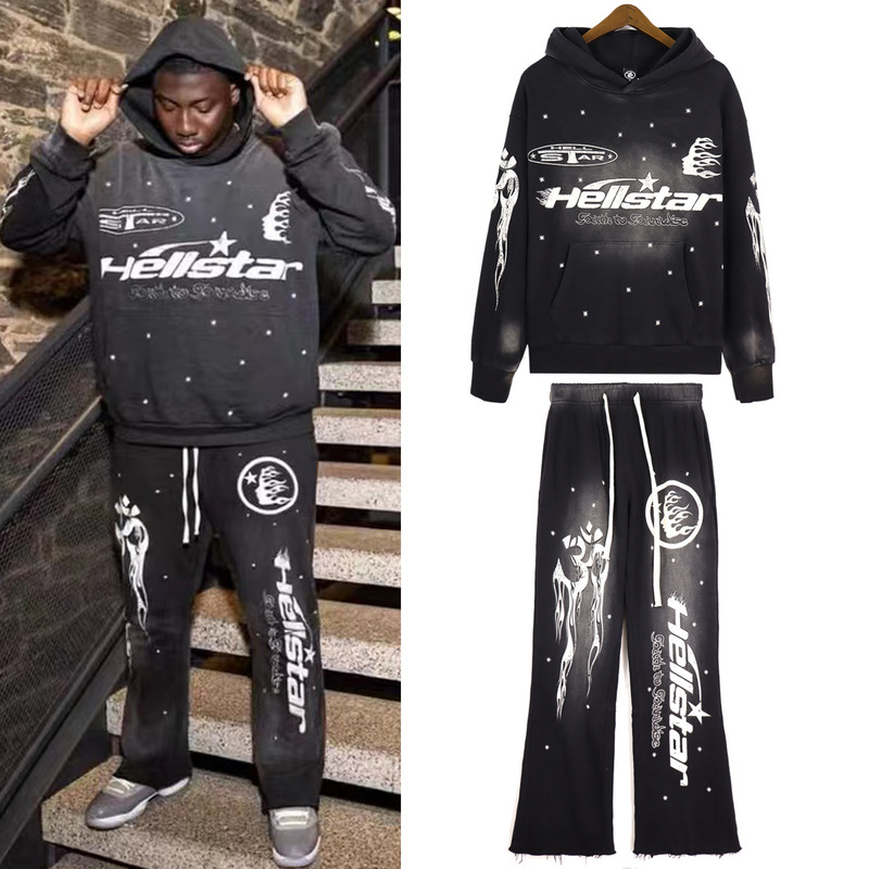 Hellstar European and American High Street Fashion Retro Washed Vintage Mud Print Sweatpants Hoodie Sweatshirt Couple Set