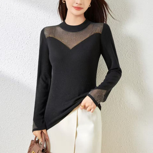 Hot Diamond See-Through Mesh Splicing Silk Wool Bottoming Shirt for Women Spring & Fall New Half Turtleneck Pullover Knitwear Top