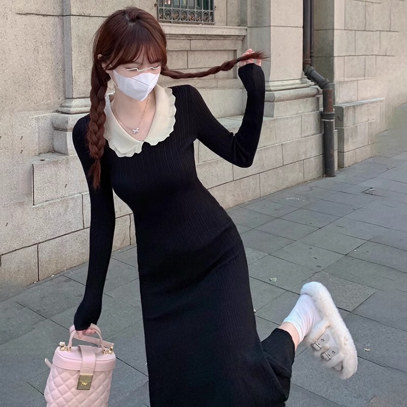 Maternity Wear French Collar Black Knitted Long-Sleeved Dress Autumn and Winter with Coat and Bottoming Nursing Sweater