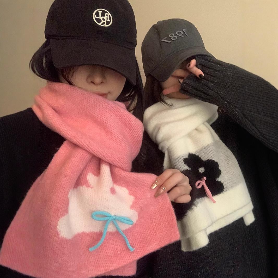 Winter 2024 New Warm Knitted Female Cute Rabbit Bow Leisure Outdoor Windproof and Cold resistant Scarf_voghion.com